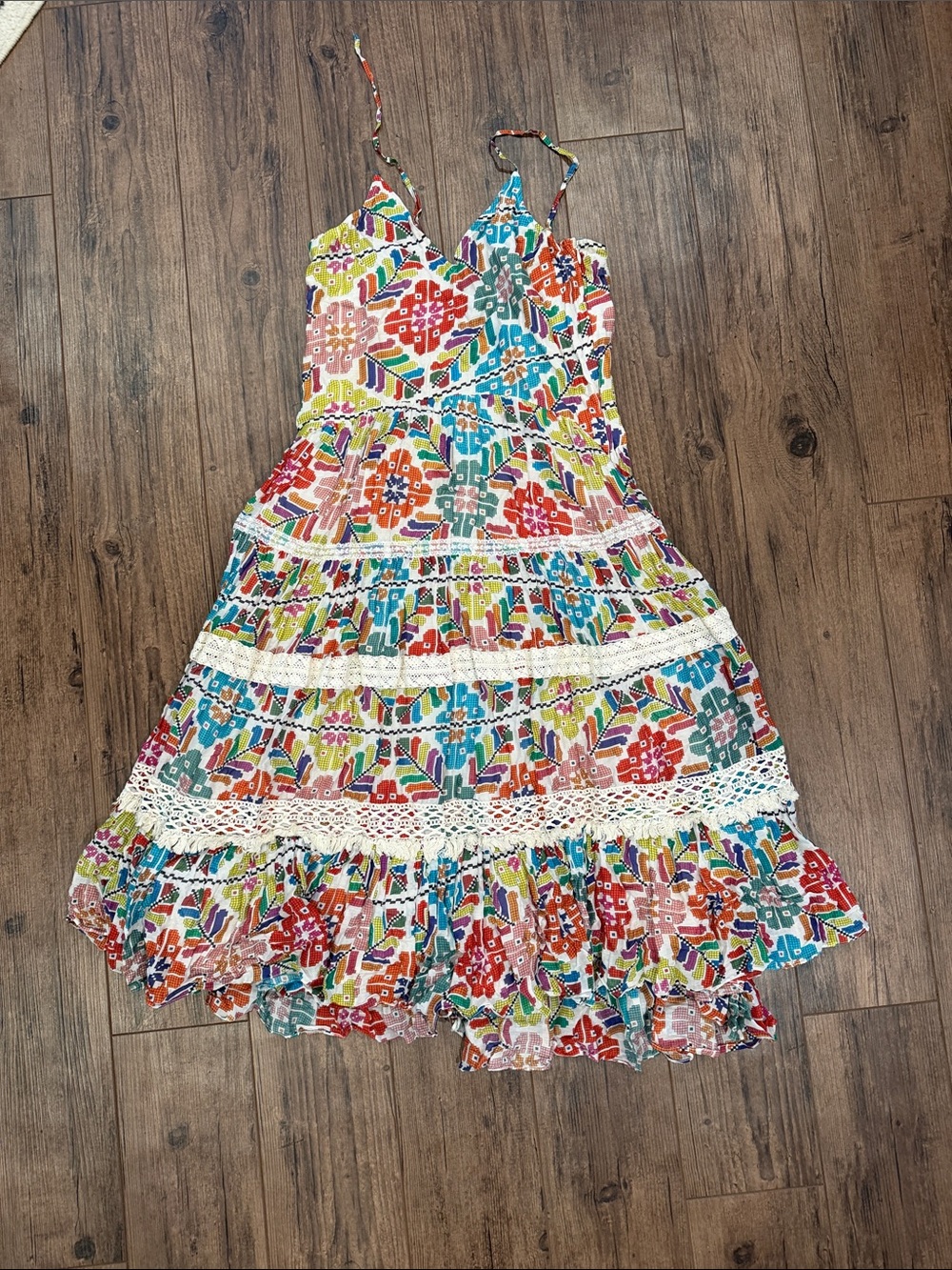 Multi-Color Printed Midi Sundress with Lace Trim